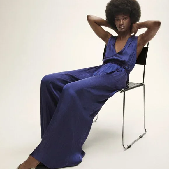 NWOT Mango Satin cross-back jumpsuit blue Size Small - Picture 4 of 10